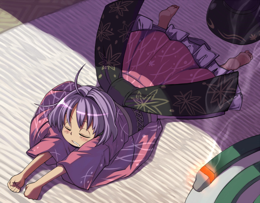 1girl ahoge barefoot blush bowl bowl_hat clenched_hand closed_eyes commentary_request hat hat_removed headwear_removed japanese_clothes kimono mosquito_coil purple_hair saliva shope sleeping smoke solo sukuna_shinmyoumaru tatami touhou