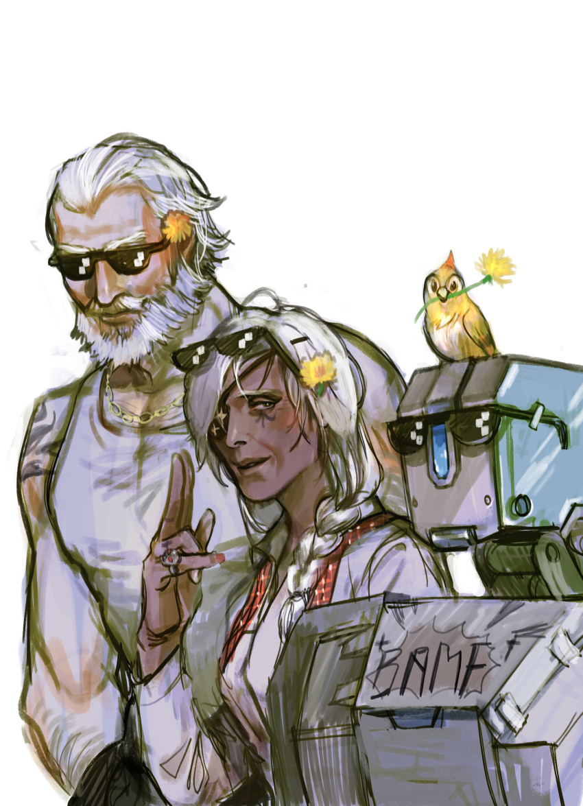 1boy 1girl absurdres alternate_costume ana_(overwatch) animal animal_on_head arm_tattoo bare_shoulders bastion_(overwatch) beard bird bird_on_head braid casual eye_of_horus eyepatch facial_hair facial_mark facial_tattoo flower ganymede_(overwatch) glasses hair_flower hair_ornament hair_over_one_eye hand_in_pocket highres jewelry long_sleeves looking_at_viewer mecha mouth_hold muehe mustache necklace old_man old_woman overwatch pants reinhardt_(overwatch) ring robot shirt simple_background single_braid sleeveless source_request sunglasses sunglasses_on_head suspenders tank_top tattoo white_background white_hair