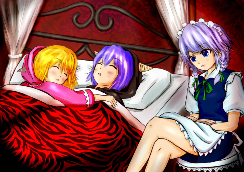 3girls :d :o apron bed blanket blonde_hair blue_dress blue_hair blush book braid canopy_bed closed_eyes commentary_request dress fake_horns fang flandre_scarlet highres izayoi_sakuya legs_crossed long_sleeves lying maid maid_headdress multiple_girls on_back on_stomach open_book open_mouth pajamas pillow reading remilia_scarlet short_hair short_sleeves siblings silver_hair sisters sitting sleeping smile touhou twin_braids under_covers uru_(uru0301) waist_apron
