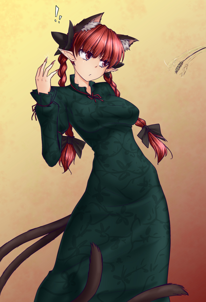 !! 1girl animal_ears bow braid breasts cat_ears cat_tail cat_teaser dress extra_ears green_dress hair_bow hater_(hatater) highres kaenbyou_rin long_hair long_sleeves medium_breasts multiple_tails nail_polish pointy_ears red_eyes red_nails redhead revision sharp_nails tail touhou twin_braids