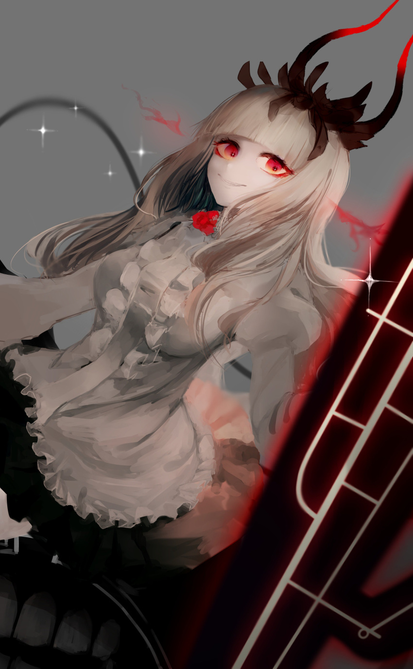 1girl absurdres bangs black_skirt blunt_bangs blurry depth_of_field fang flower frilled_skirt frills glowing glowing_eyes grey_background grin highres horns ijien kantai_collection long_hair long_sleeves lycoris_hime miniskirt puffy_long_sleeves puffy_sleeves red_eyes red_rose rose shinkaisei-kan shirt simple_background skirt smile solo sparkle white_hair white_shirt white_skin