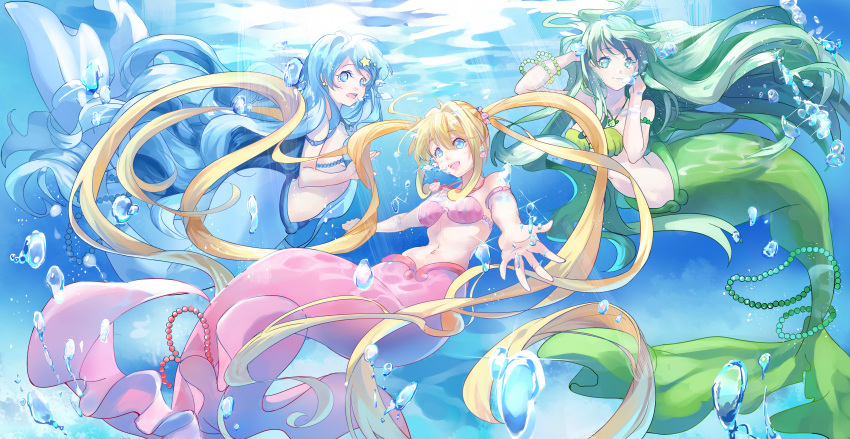 00s 3girls absurdres blonde_hair blue_eyes blue_hair ein_(artist) foreshortening green_eyes green_hair highres houshou_hanon jewelry long_hair mermaid mermaid_melody_pichi_pichi_pitch monster_girl multiple_girls nanami_lucia necklace outstretched_arms shell shell_bikini spread_arms touin_rina twintails underwater