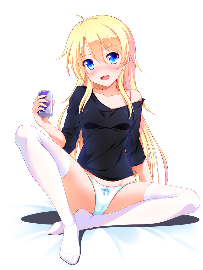 1girl :d ahoge aqua_panties black_shirt blonde_hair blush bow bow_panties can collarbone full_body groin head_tilt highres holding holding_can new_game! no_pants no_shoes nose_blush off_shoulder open_mouth panties shirt sitting smile solo spread_legs thigh-highs underwear white_legwear yagami-all_hail_nanao yagami_kou
