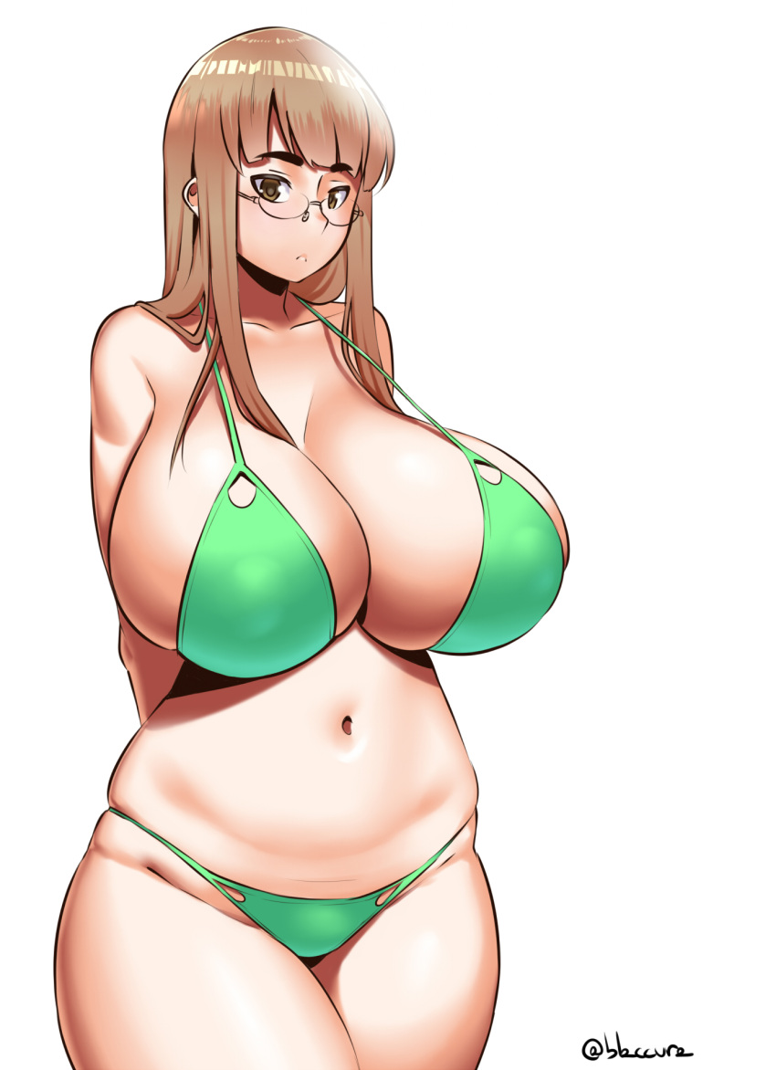 1girl :&lt; arms_behind_back bare_shoulders belly bikini breasts brown_eyes brown_hair burakku-ra cleavage curvy eyebrows glasses green_bikini highres huge_breasts long_hair navel original plump pout shadow simple_background skindentation solo strap_gap swimsuit thick_eyebrows thick_thighs thighs twitter_username white_background wide_hips