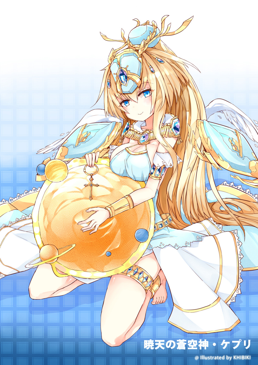 1girl armlet artist_name barefoot belt blue_eyes blush bracer breast_rest breasts character_name dress headdress highres khepri_(p&amp;d) khibiki_(brequiem) kneeling lace lace-trimmed_dress large_breasts long_hair looking_at_viewer planet ponytail puzzle_&amp;_dragons saturn shadow smile solar_system solo sun thigh_strap very_long_hair wings