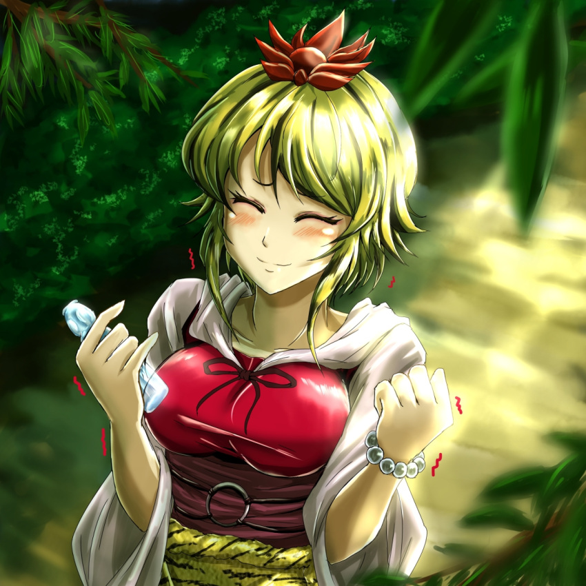 1girl ^_^ bead_bracelet beads blonde_hair blush bottle bracelet breasts clenched_hands closed_eyes futagojima hair_ornament highres holding holding_bottle jewelry medium_breasts short_hair smile solo sunlight taut_clothes tiger_print toramaru_shou touhou trembling upper_body wide_sleeves