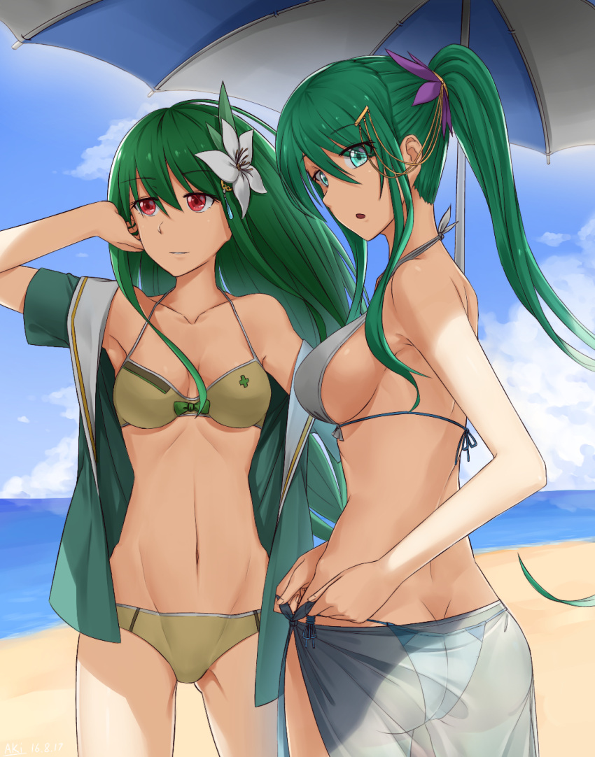 2girls aki_(aoirowings) artemis_(p&amp;d) ass athena_(p&amp;d) back beach beach_umbrella bikini blue_sky breasts butt_crack clouds collarbone cowboy_shot flower green_eyes green_hair hair_flower hair_ornament hair_tucking highres long_hair medium_breasts multiple_girls navel open_clothes open_mouth open_shirt parted_lips ponytail puzzle_&amp;_dragons red_eyes sarong see-through shirt sideboob sky surprised swimsuit umbrella undressing very_long_hair yellow_bikini