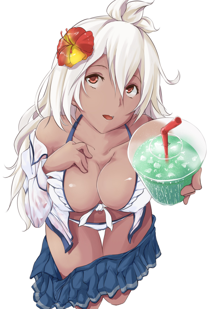 1girl absurdres ahoge bangs bent_over bikini blue_skirt breasts cleavage collarbone condensation cup dark_skin drink drinking_straw erect_nipples flower front-tie_bikini front-tie_top granblue_fantasy hair_between_eyes hair_flower hair_ornament hand_on_own_chest hibiscus highres holding holding_cup ice long_hair long_sleeves looking_up medium_breasts miniskirt offering offering_drink open_clothes open_mouth open_shirt orange_eyes partially_undressed pleated_skirt raichi_(yuriya003) shirt simple_background skirt solo swimsuit the_order_grande thigh_gap white_background white_bikini white_hair white_shirt