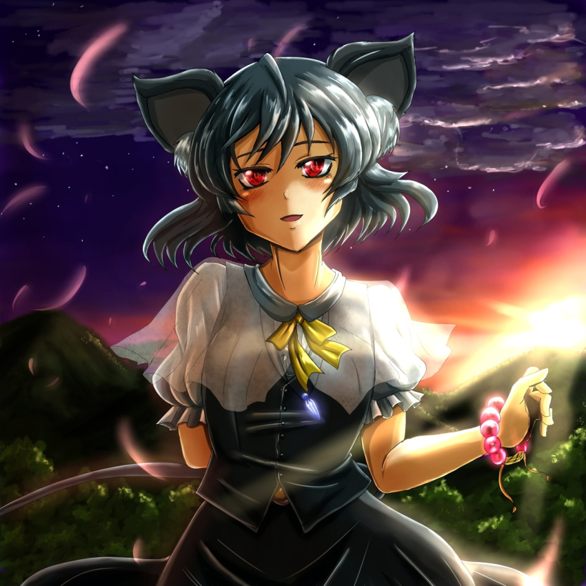 1girl :d animal_ears backlighting blush cowboy_shot futagojima grey_hair grey_shirt grey_vest highres looking_at_viewer mountain mouse_ears mouse_tail nazrin neck_ribbon open_mouth puffy_short_sleeves puffy_sleeves red_eyes ribbon shirt short_hair short_sleeves skirt skirt_set sky smile solo star_(sky) starry_sky sunlight sunset tail touhou yellow_ribbon