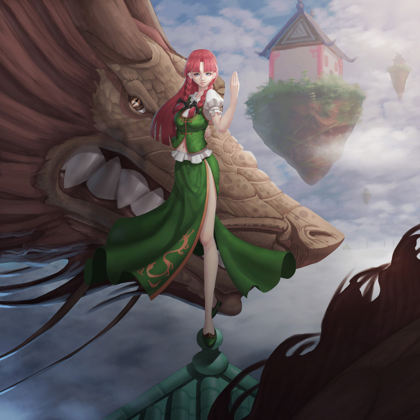 1girl artist_request backlighting blue_eyes blue_sky blurry bow breasts brown_eyes building bush chinese_clothes clouds collared_shirt depth_of_field dragon dragon_print ears eyeliner floating_island grass green_shoes green_skirt green_vest hair_bow hand_up highres hips hong_meiling horns long_hair long_legs long_skirt looking_at_viewer makeup medium_breasts navel no_hat no_headwear parted_lips plant puffy_short_sleeves puffy_sleeves redhead ribbon scales sharp_teeth shiny shiny_hair shirt shoes short_sleeves side_slit skirt skirt_set sky slit_pupils smile solo stance standing standing_on_one_leg tangzhuang teeth thighs touhou very_long_hair vines white_shirt wilnus wind