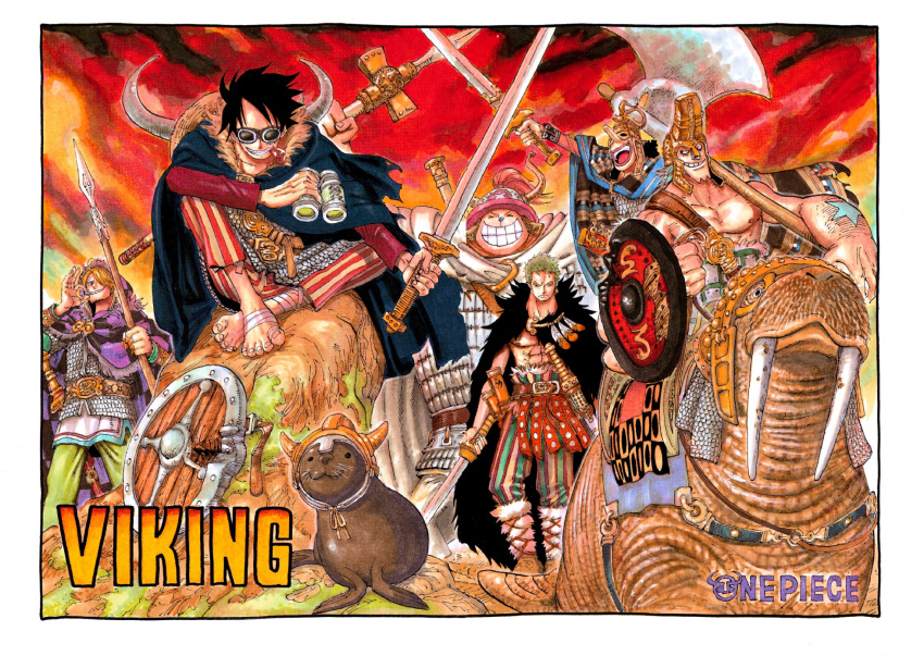 6+boys ankle_lace-up armor axe bandage binoculars black_hair blonde_hair blue_hair brown_hair cape color_spread dual_wielding franky goggles green_hair hair_over_one_eye helmet hood horned_helmet leg_warmers male_focus monkey_d_luffy multiple_boys oda_eiichirou official_art one_piece pteruges roronoa_zoro sanji scabbard scale_armor seal sheath smile spear striped_pants sword tony_tony_chopper tusks usopp viking walrus weapon