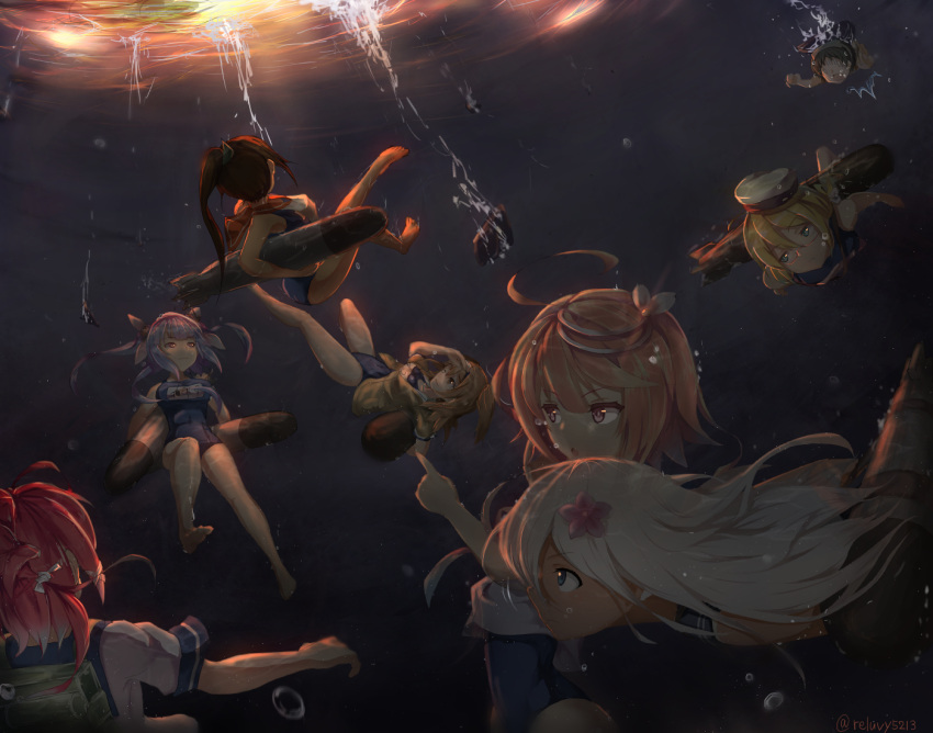 6+girls battle black_hair blonde_hair blue_hair breasts brown_eyes brown_hair crop_top diving_mask diving_mask_on_head glasses hair_ornament hair_ribbon hairband hat i-168_(kantai_collection) i-19_(kantai_collection) i-26_(kantai_collection) i-401_(kantai_collection) i-58_(kantai_collection) i-8_(kantai_collection) kantai_collection large_breasts light_brown_eyes light_brown_hair long_hair low_twintails machinery maru-yu_(kantai_collection) multiple_girls name_tag new_school_swimsuit night ocean old_school_swimsuit one-piece_swimsuit one-piece_tan peaked_cap pink_eyes pink_hair ponytail red_eyes redhead rerubixi ribbon ro-500_(kantai_collection) sailor_collar school_swimsuit short_hair short_ponytail short_sleeves swimming swimsuit swimsuit_under_clothes tan tanline torpedo twintails two_side_up underwater water white_school_swimsuit white_swimsuit