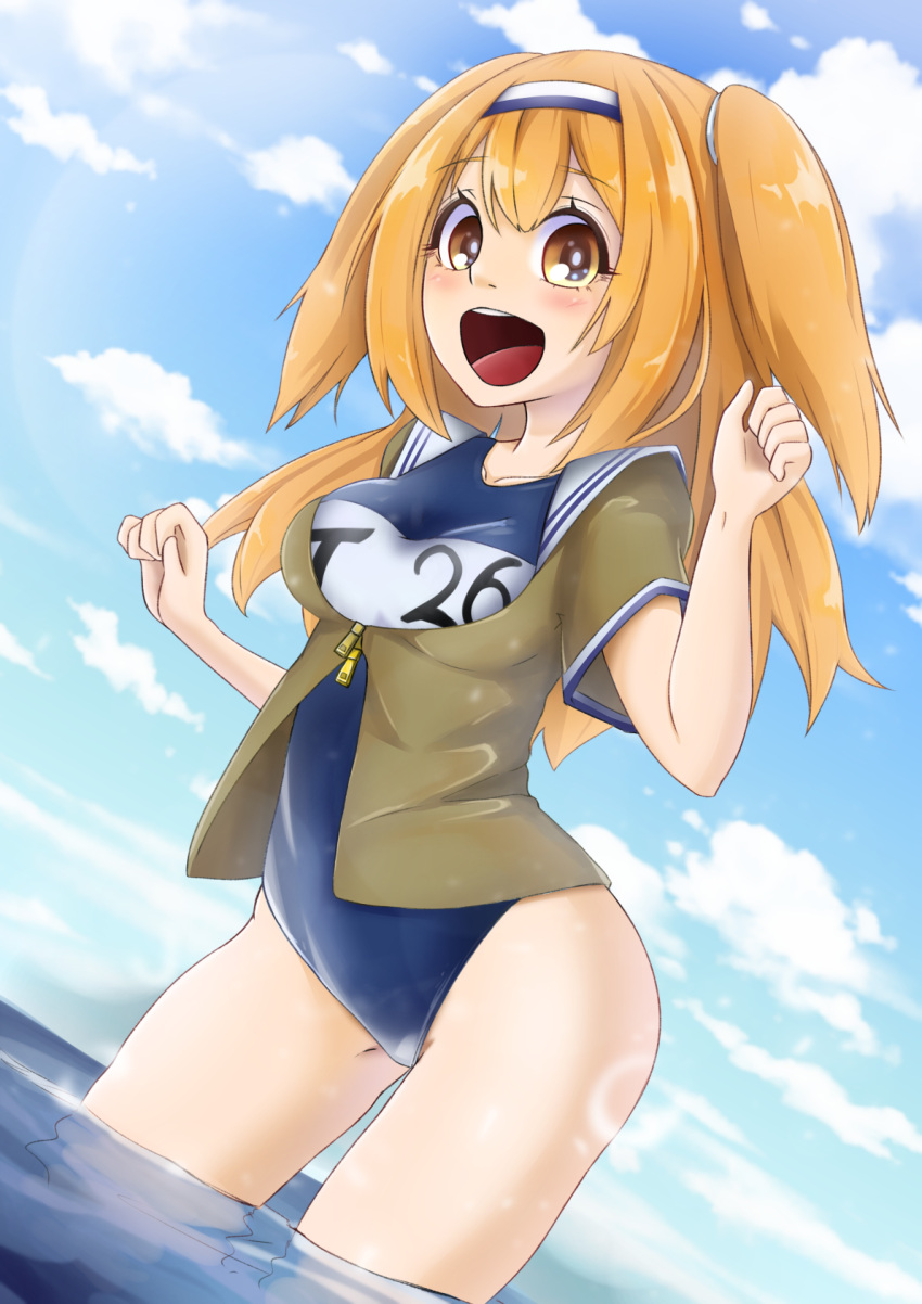 1girl blue_sky breasts clothes_writing clouds hairband highres i-26_(kantai_collection) kantai_collection large_breasts light_brown_eyes light_brown_hair long_hair looking_at_viewer name_tag new_school_swimsuit ocean open_clothes open_mouth sailor_collar school_swimsuit short_sleeves sky smile solo swimsuit swimsuit_under_clothes takatun223 two_side_up water