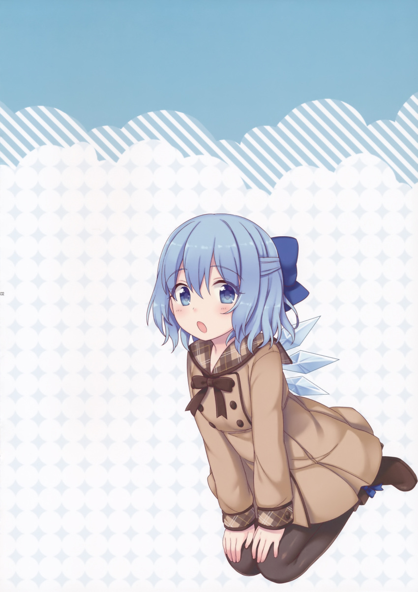 1girl absurdres ankle_boots black_legwear blue_bow blue_eyes blue_hair boots bow bowtie brown_boots brown_bow brown_bowtie brown_coat cirno coat detached_wings eyebrows eyebrows_visible_through_hair full_body hair_bow hands_on_own_knees highres ice ice_wings kneeling long_sleeves looking_at_viewer maki_(natoriumu) pantyhose short_hair solo touhou wings winter_clothes winter_coat