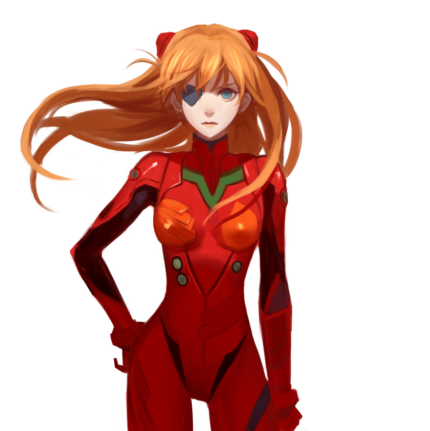 1girl absurdres bangs blue_eyes bodysuit bracer breasts closed_mouth cowboy_shot doren evangelion:_3.0_you_can_(not)_redo eyepatch floating_hair gloves hand_on_hip headgear highres lips looking_at_viewer neon_genesis_evangelion orange_hair pilot_suit plugsuit rebuild_of_evangelion serious simple_background skinny small_breasts solo souryuu_asuka_langley standing tape turtleneck white_background wind