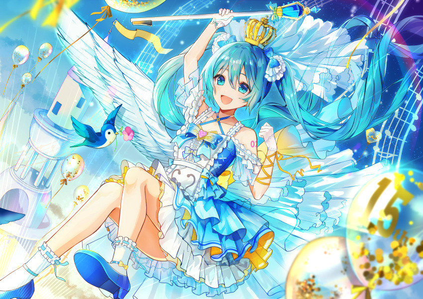 1girl :d absurdres arm_up balloon bangs bare_shoulders beamed_eighth_notes blue_dress blue_eyes blue_footwear blue_hair commentary_request crown day dress eighth_note eyebrows_visible_through_hair floating_hair frilled_legwear goroo_(eneosu) hair_between_eyes hatsune_miku high_heels highres holding holding_wand long_hair mini_crown musical_note outdoors quarter_note ribbon-trimmed_legwear ribbon_trim shoe_soles shoes smile solo twintails very_long_hair vocaloid wand white_legwear