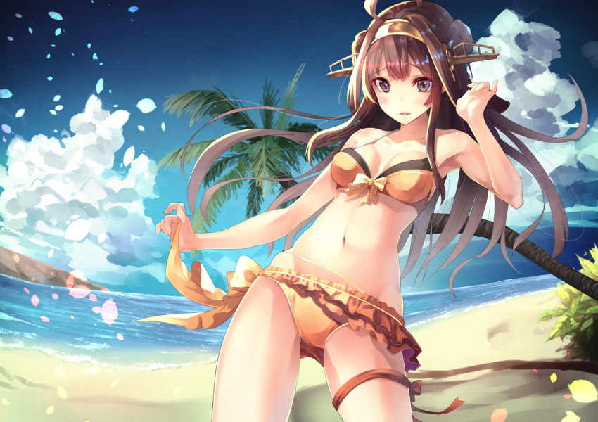 1girl ahoge alternate_costume bare_shoulders beach bikini blush breasts brown_eyes brown_hair clouds double_bun hairband headgear highres kantai_collection kongou_(kantai_collection) long_hair medium_breasts navel ocean palm_tree parted_lips remodel_(kantai_collection) sand saraki sky smile solo standing swimsuit tree violet_eyes water