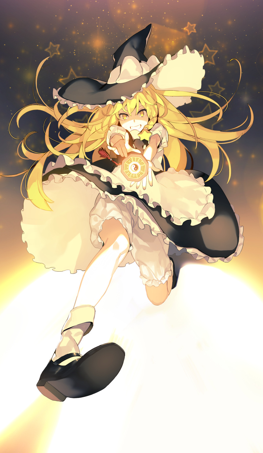 1girl \m/ absurdres aiming_at_viewer apron black_hat blonde_hair bloomers bow braid facing_viewer full_body glowing glowing_weapon grin hat hat_bow hat_ribbon highres jandy kirisame_marisa long_hair looking_at_viewer mary_janes mini-hakkero outstretched_arms puffy_short_sleeves puffy_sleeves ribbon shaded_face shoes short_sleeves single_braid smile solo star touhou underwear waist_apron weapon white_bow witch_hat yellow_eyes yin_yang