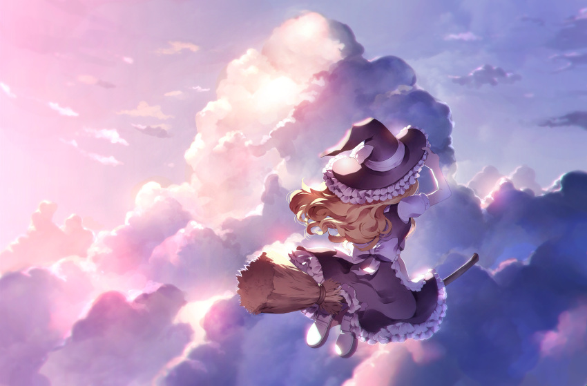 1girl apron black_hat black_skirt black_vest blonde_hair bow broom broom_riding clouds flying from_behind hand_on_headwear hat hat_bow hat_ribbon highres kirisame_marisa outdoors puffy_short_sleeves puffy_sleeves ribbon shoes short_sleeves skirt sky solo sunakumo touhou white_bow witch_hat