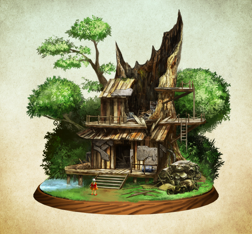 1girl bow broken bush dress faux_figurine giant_tree grass highres house ladder livee machinery original rapt_(47256) ruins scenery short_hair silver_hair solo stairs tree tree_house tree_stump water