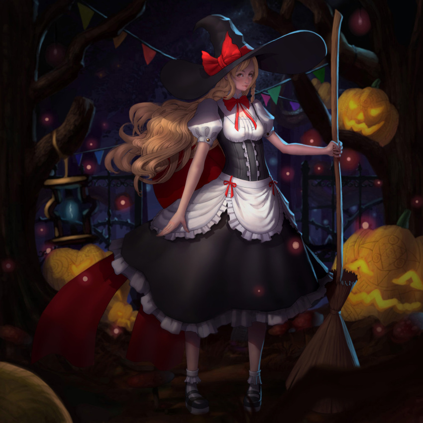 1girl adapted_costume alternate_hair_length alternate_hairstyle apron backlighting bad_id bangs black_shoes black_skirt black_vest bobby_socks bow braid breasts dark detached_collar fence forest frilled_apron frilled_skirt frills full_body grass hat hat_bow highres holding_broom jack-o'-lantern kirisame_marisa lantern light_particles lips long_hair looking_at_viewer magic_circle medium_breasts moonlight nature night outdoors plant puffy_short_sleeves puffy_sleeves ribbon shirt shoes short_sleeves single_braid skirt socks solo thorns touhou tree underbust very_long_hair vines waist_apron white_legwear white_shirt wilnus witch_hat yellow_eyes