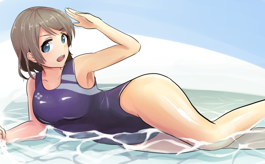 1girl blue_eyes blush breasts brown_hair competition_swimsuit highres looking_at_viewer love_live! love_live!_school_idol_project love_live!_sunshine!! lying on_side one-piece_swimsuit open_mouth rouyan short_hair smile solo swimsuit watanabe_you water