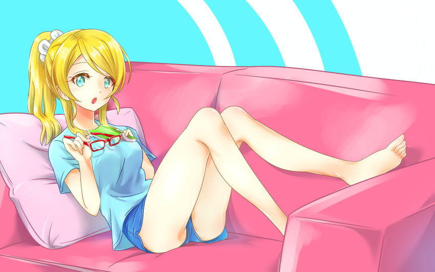 1girl :o ayase_eli barefoot blonde_hair blush breasts couch engawa_(rarenago) feet glasses glasses_removed green_eyes highres holding holding_glasses long_hair looking_at_viewer love_live! love_live!_school_idol_project ponytail red-framed_eyewear school_uniform shorts soles solo thighs toes
