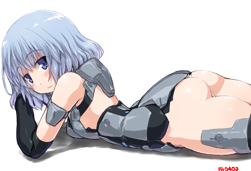1girl :3 ass bangs bare_shoulders black_gloves black_legwear blue_hair dd_(ijigendd) doll_joints elbow_gloves eyebrows eyebrows_visible_through_hair frame_arms_girl gloves looking_at_viewer lying materia_(frame_arms_girl) mecha_musume on_stomach panties short_hair simple_background smile solo thigh-highs underwear violet_eyes white_background white_panties