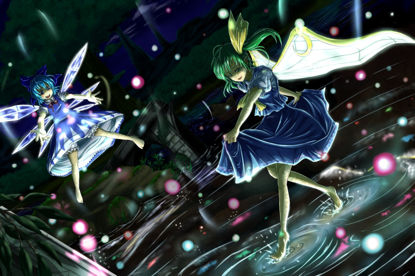 2girls :d ascot barefoot blue_bow blue_dress blue_eyes blue_hair blue_shirt blue_skirt blurry bow cirno daiyousei depth_of_field dress dutch_angle fairy_wings fireflies full_body futagojima green_eyes green_hair hair_bow hair_ribbon ice ice_wings lake lifted_by_self multiple_girls neck_ribbon open_mouth pointy_ears puffy_short_sleeves puffy_sleeves red_ribbon ribbon ruins shirt short_hair short_sleeves side_ponytail skirt skirt_lift skirt_set smile touhou walking walking_on_liquid wings yellow_ribbon