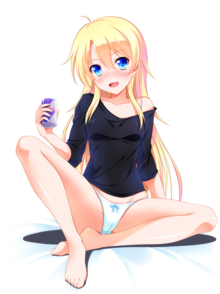 1girl :d ahoge aqua_panties bare_legs barefoot black_shirt blonde_hair blush bow bow_panties can feet full_body groin head_tilt highres holding holding_can new_game! nose_blush off_shoulder open_mouth panties shirt sitting smile solo spread_legs thigh-highs toes underwear yagami-all_hail_nanao yagami_kou