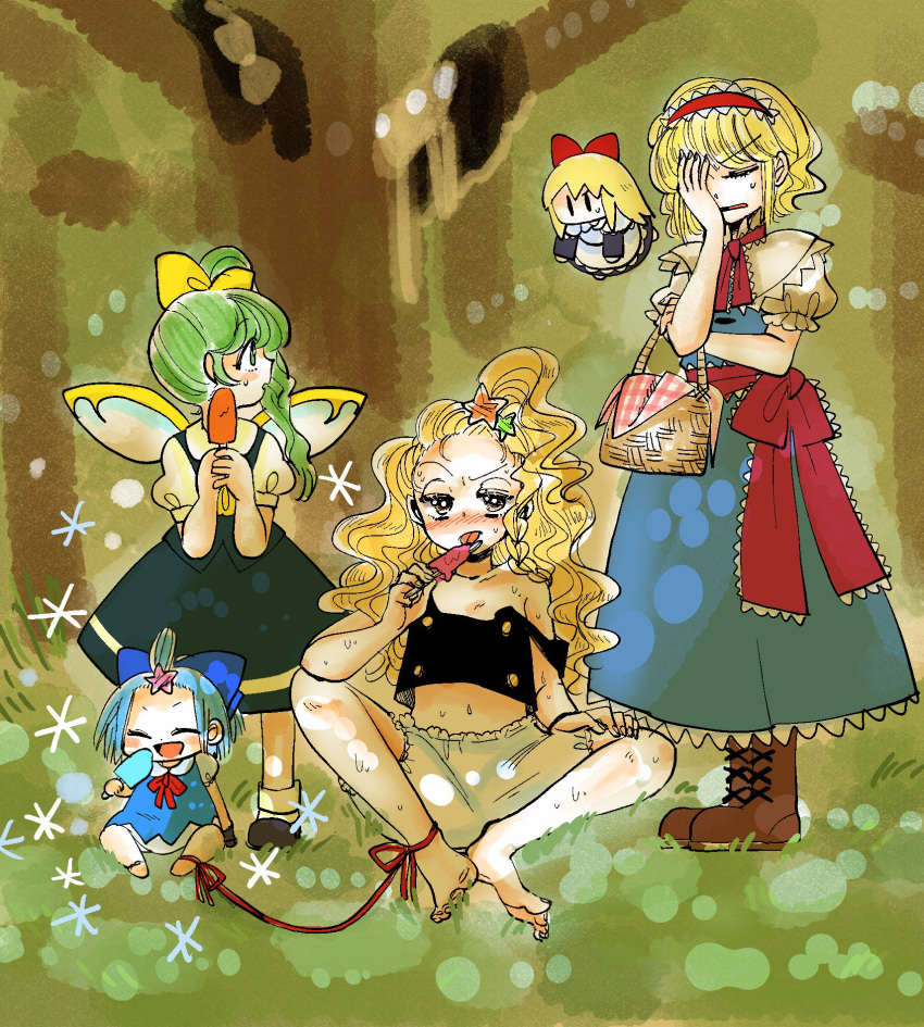 5girls :d alice_margatroid alternate_hairstyle ankle_ribbon barefoot basket black_shirt blonde_hair bloomers blue_bow blue_dress blush boots bow braid brown_boots capelet chibi cirno closed_eyes daiyousei dress facepalm fairy_wings green_eyes green_hair hair_bow hair_ornament hairband highres kirisame_marisa komaku_juushoku licking long_hair midriff multiple_girls navel neck_ribbon open_mouth popsicle puffy_short_sleeves puffy_sleeves red_bow red_ribbon ribbon shanghai_doll shirt short_hair short_sleeves side_ponytail sitting smile star star_hair_ornament strap_slip sweat tongue tongue_out touhou underwear wings yellow_bow yellow_eyes