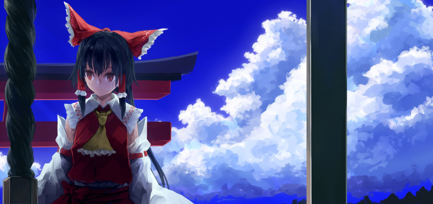 1girl :/ akaiha_(akaihagusk) arm_garter ascot black_hair bow brown_eyes closed_mouth clouds cloudy_sky detached_sleeves frilled_shirt_collar frills hair_bow hair_tubes hakurei_reimu highres japanese_clothes long_sleeves looking_away miko outdoors red_bow red_shirt red_skirt shirt skirt skirt_set sky sleeveless sleeveless_shirt solo sweat torii touhou upper_body wide_sleeves