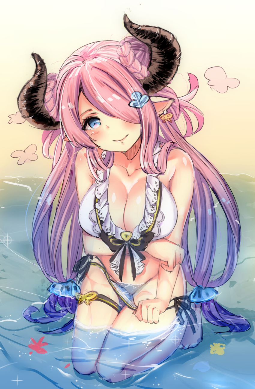 1girl alternate_costume bare_arms bare_legs bare_shoulders barefoot beach bikini bikini_pull blue_eyes braid breast_hold breasts demon_horns doraf double_bun granblue_fantasy groin hair_ornament hair_over_one_eye highres horns large_breasts lavender_hair long_hair looking_at_viewer low_twintails midriff narumeia_(granblue_fantasy) navel partially_submerged pointy_ears seiza sitting smile solo swimsuit thigh_strap twin_braids twintails water wet wet_clothes white_bikini yikoyi