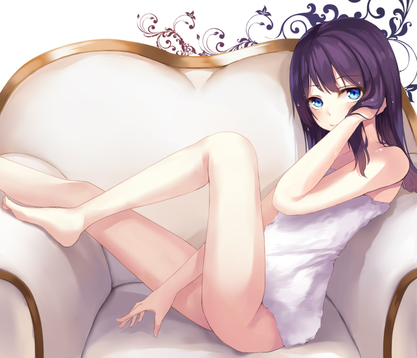 1girl armchair barefoot black_hair blue_eyes chair couch from_side highres long_hair naked_towel no_panties original solo taira_(pixiv9613131) towel wet wet_hair