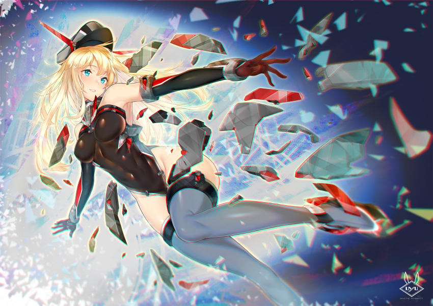 1girl adapted_costume anchor anchor_choker armor bare_shoulders bismarck_(kantai_collection) blonde_hair blue_eyes bottomless covered_navel elbow_gloves erect_nipples floating floating_hair gloves hat highres impossible_clothes kantai_collection leotard neon_trim one_leg_raised open_hand outstretched_arm parted_lips peaked_cap skin_tight smile solo thigh-highs uyu_(keyakinoki)