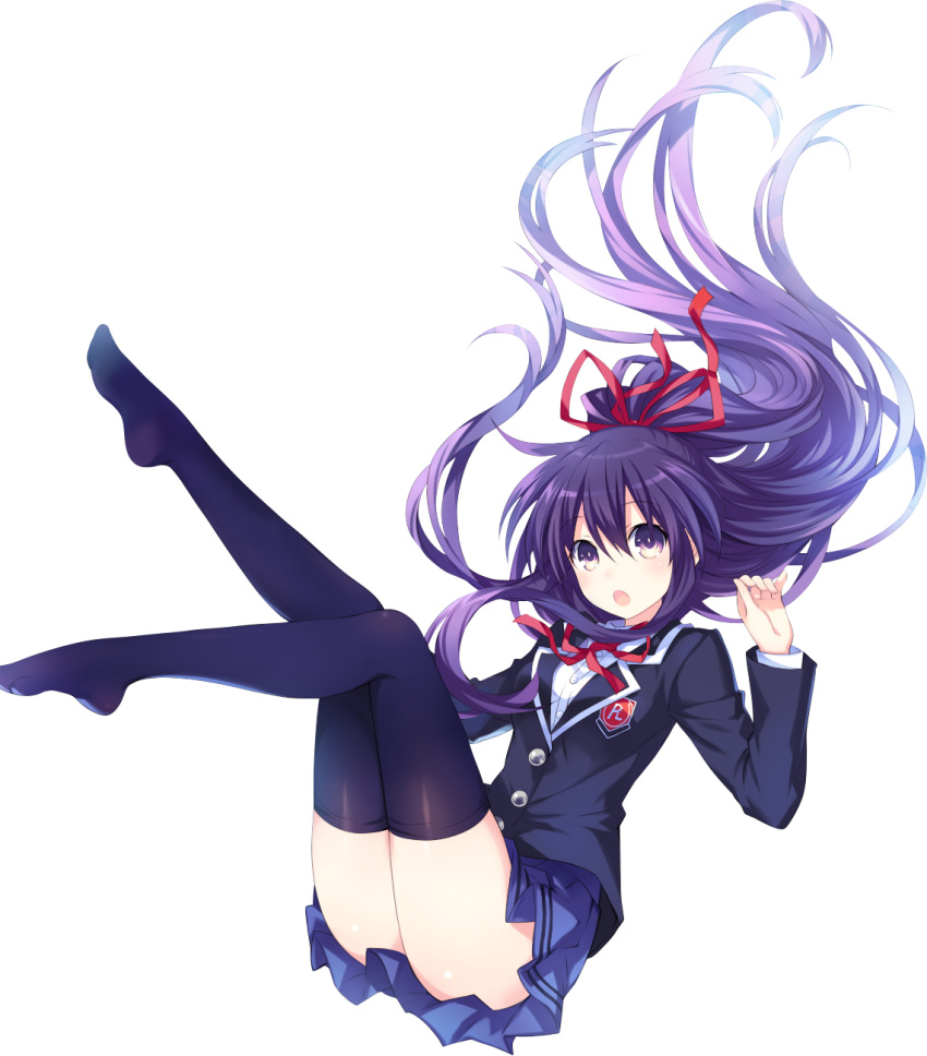 1girl black_legwear blazer date_a_live highres jacket long_hair looking_at_viewer no_shoes open_mouth pleated_skirt purple_hair school_uniform skirt solo tsunako violet_eyes white_background yatogami_tooka