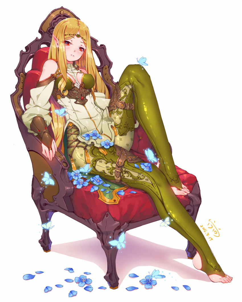 1girl bare_shoulders barefoot blonde_hair blush breasts butterfly chair circlet commentary_request elf fangxiang_cuoluan flower green_legwear highres jewelry long_hair looking_at_viewer original pointy_ears red_eyes sitting solo toe_ring toeless_legwear toes