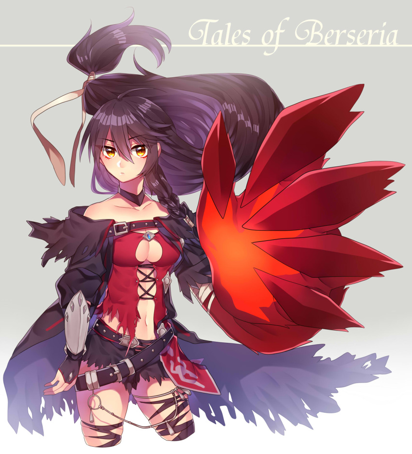 1girl belt black_hair black_skirt braid breasts choker claws cleavage copyright_name cowboy_shot expressionless grey_background highres long_hair looking_at_viewer low-tied_long_hair miniskirt renka_(sutegoma25) skirt solo tales_of_(series) tales_of_berseria tied_hair torn_clothes velvet_crowe yellow_eyes