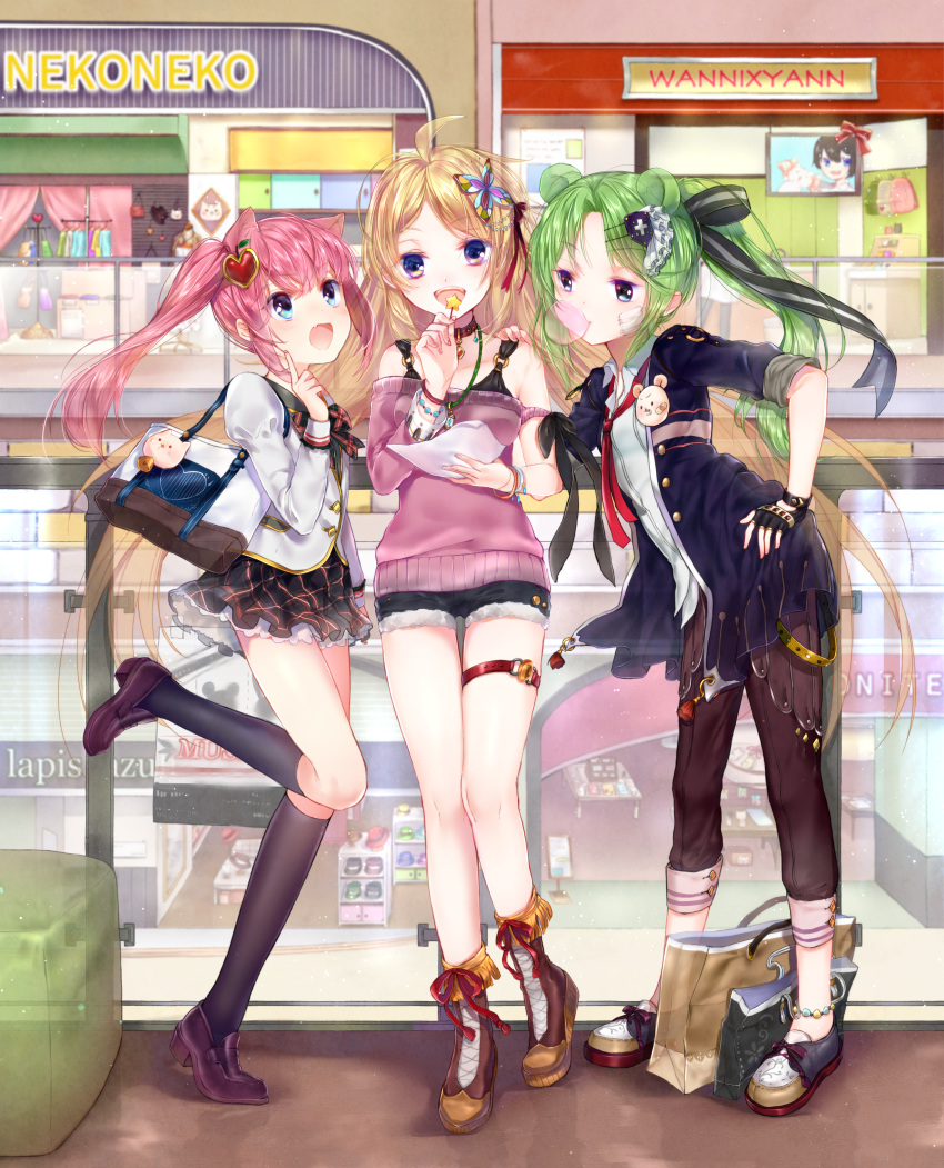 3girls :d absurdres ahoge amatou_cacao animal_ears apple_hair_ornament bag bare_shoulders bear_ears black_legwear blonde_hair blue_eyes boots butterfly_hair_ornament capri_pants cat_ears collar fingerless_gloves food_themed_hair_ornament full_body girl_sandwich gloves green_hair hair_ornament hair_ribbon hand_on_another's_shoulder hand_on_hip handbag highres kneehighs loafers long_hair looking_at_viewer looking_up mall multiple_girls necktie off-shoulder_sweater open_mouth original pants petticoat pink_hair plaid plaid_skirt ribbon sandwiched shoes shop shopping shopping_bag shorts skirt smile standing standing_on_one_leg sweater thigh_strap twintails very_long_hair violet_eyes