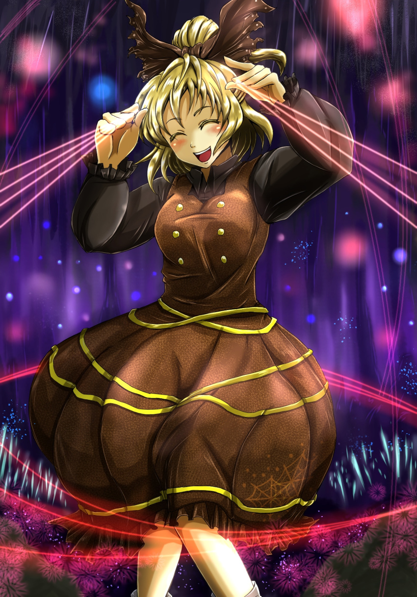 1girl :d ^_^ blonde_hair blush bow breasts brown_bow brown_dress closed_eyes dress futagojima hair_bow highres knees_together_feet_apart kurodani_yamame long_sleeves medium_breasts open_mouth puffy_long_sleeves puffy_sleeves short_hair smile solo string_around_finger thread touhou
