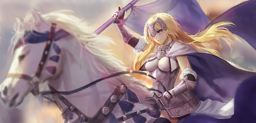 1girl animal armor blonde_hair blue_eyes cape chains cowter equestrian fate/apocrypha fate/grand_order fate_(series) fur_trim gauntlets gorget highres horse long_hair luciana1 ruler_(fate/apocrypha) standard_bearer