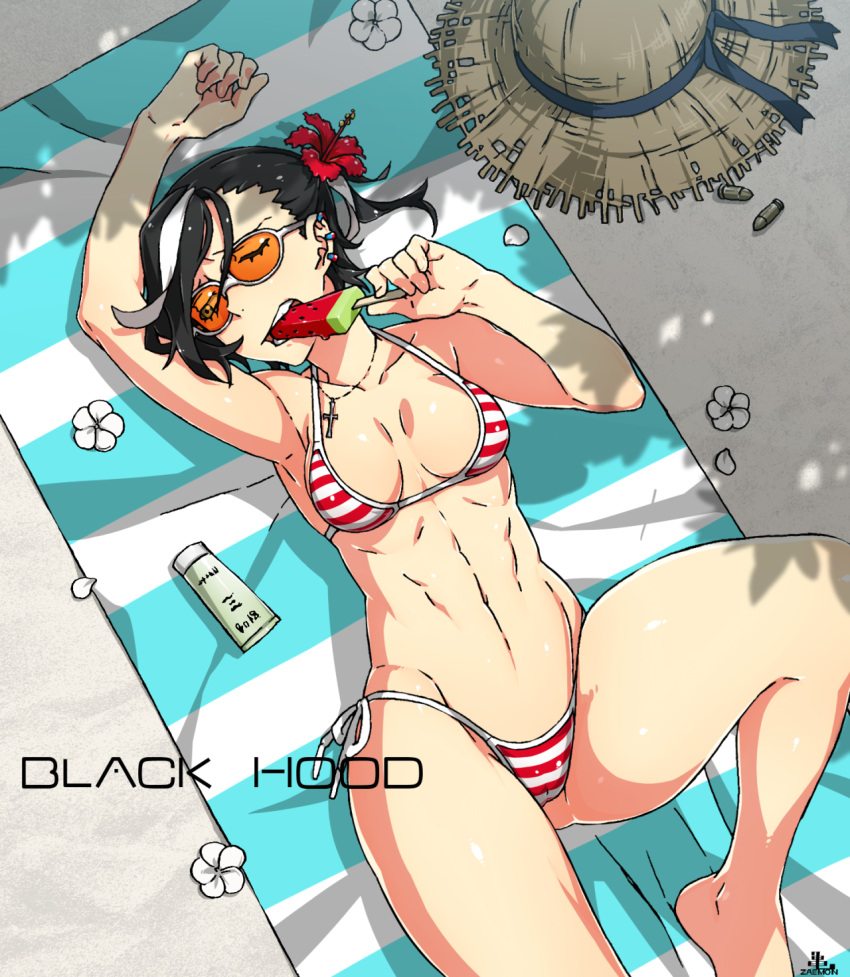 1girl abs bikini biting black_hood breasts bullet character_name cross cross_necklace earrings flower glasses hair_flower hair_ornament hat hat_removed headwear_removed highres jewelry kamezaemon lying medium_breasts multicolored_hair multiple_earrings necklace on_back one_eye_closed popsicle side-tie_bikini solo straw_hat striped striped_bikini sunglasses swimsuit toned towel two-tone_hair