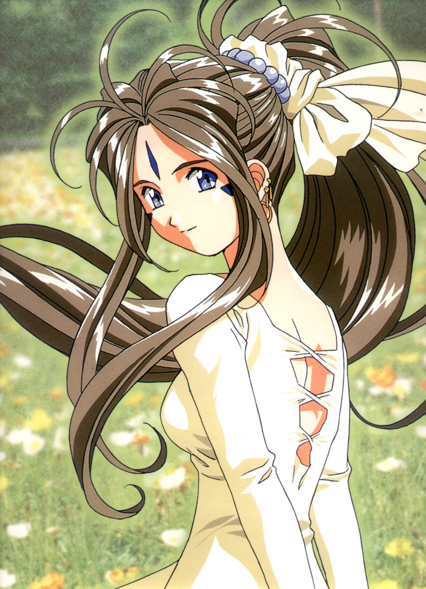 1girl aa_megami-sama antenna_hair belldandy blue_eyes dress earrings facial_markings flowing_hair forehead goddess hair_ornament hair_ribbon happy looking_at_viewer medium_breasts mouth neck nose pearl_hair_ornament ponytail smiling turnaround woman yellow_dress yellow_ribbon