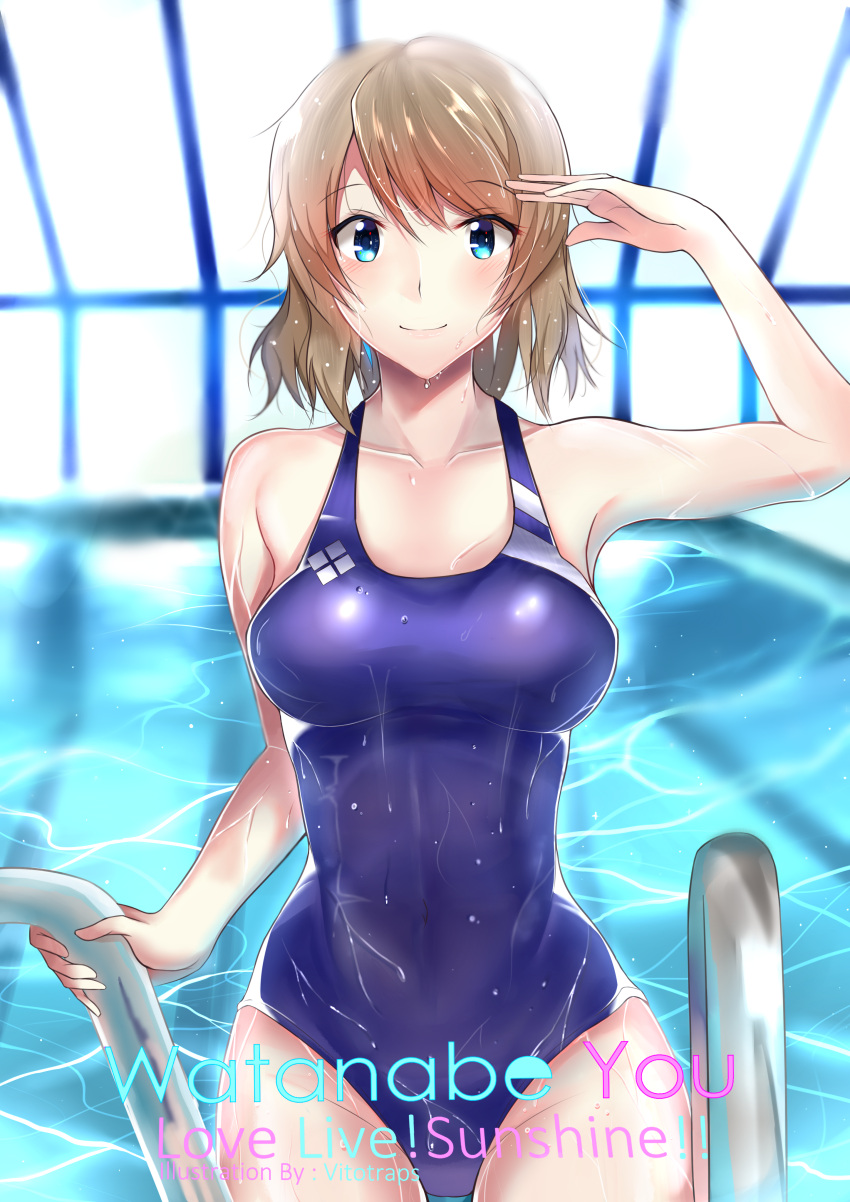1girl absurdres blue_eyes blush breasts brown_hair character_name competition_swimsuit copyright_name highres indoors looking_at_viewer love_live! love_live!_sunshine!! one-piece_swimsuit pool pool_ladder short_hair smile solo swimsuit vitoputr watanabe_you wet