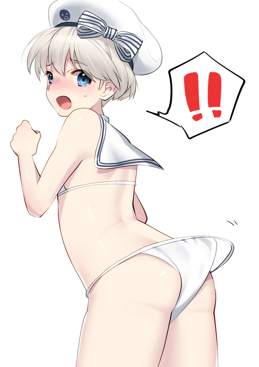 ! !! 1girl alternate_costume ass bare_arms bare_shoulders beret bikini bikini_bottom_removed blue_eyes blush breasts clenched_hands embarrassed eyebrows eyebrows_visible_through_hair flat_ass from_behind hat hat_ribbon heavens_sparrow highres kantai_collection looking_at_viewer midriff mizuki_eiru_(akagi_kurage) open_mouth ribbon sailor_bikini sailor_collar sailor_hat short_hair silver_hair small_breasts solo spoken_exclamation_mark swimsuit thigh-highs wavy_mouth white_background white_bikini white_hat z1_leberecht_maass_(kantai_collection) z3_max_schultz_(kantai_collection) z3_max_schultz_(kantai_collection)_(cosplay)