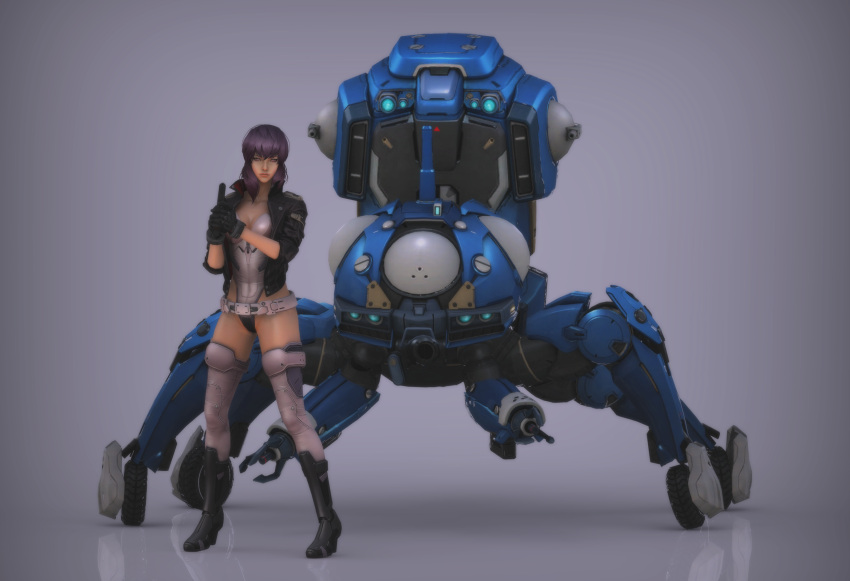 1girl 3d bodysuit breasts cleavage cyborg fingerless_gloves ghost_in_the_shell ghost_in_the_shell_stand_alone_complex gloves gun highres jacket kannakei kusanagi_motoko large_breasts mecha purple_hair red_eyes robot short_hair solo tachikoma thigh-highs weapon
