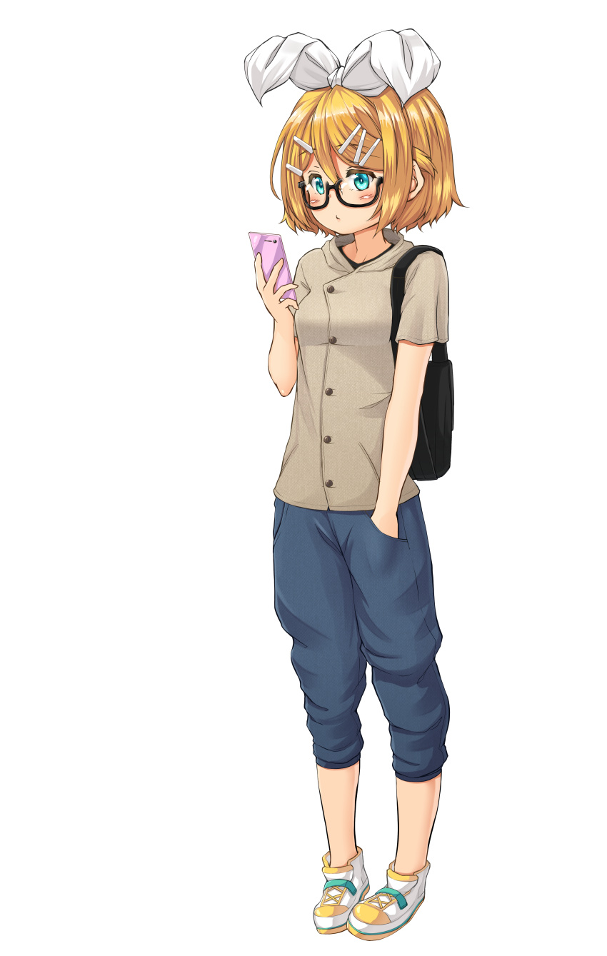 1girl absurdres bag bangs bare_arms bespectacled black-framed_eyewear blonde_hair blue_eyes blush bow breasts capri_pants casual cross-laced_footwear eyebrows eyebrows_visible_through_hair full_body glasses hair_between_eyes hair_bow hair_ornament hairclip hand_in_pocket highres holding_cellphone kagamine_rin kitsunerider looking_at_phone pants pigeon-toed pocket pout shoes short_hair short_sleeves small_breasts solo standing swept_bangs transparent_background vocaloid white_bow white_shoes