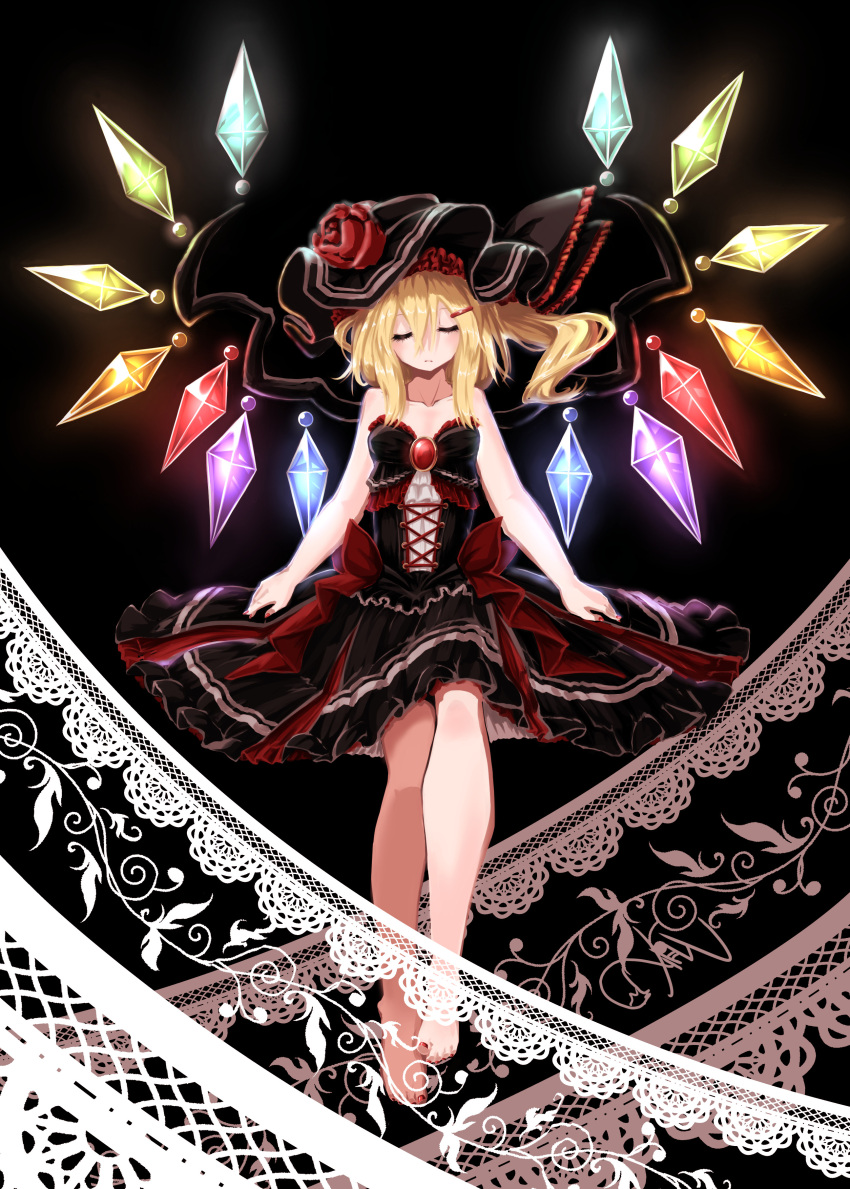 1girl absurdres alternate_color alternate_costume bangs barefoot black_background black_dress black_hat blonde_hair breasts brooch closed_eyes collarbone dress flandre_scarlet floating flower fukutchi full_body glowing hair_between_eyes hair_ornament hairclip hat hat_flower head_tilt highres jewelry legs long_legs mob_cap nail_polish neck rainbow_order red_nails rose shiny shiny_hair short_dress short_hair short_hair_with_long_locks side_ponytail simple_background small_breasts solo strapless strapless_dress toenail_polish toenails touhou wings
