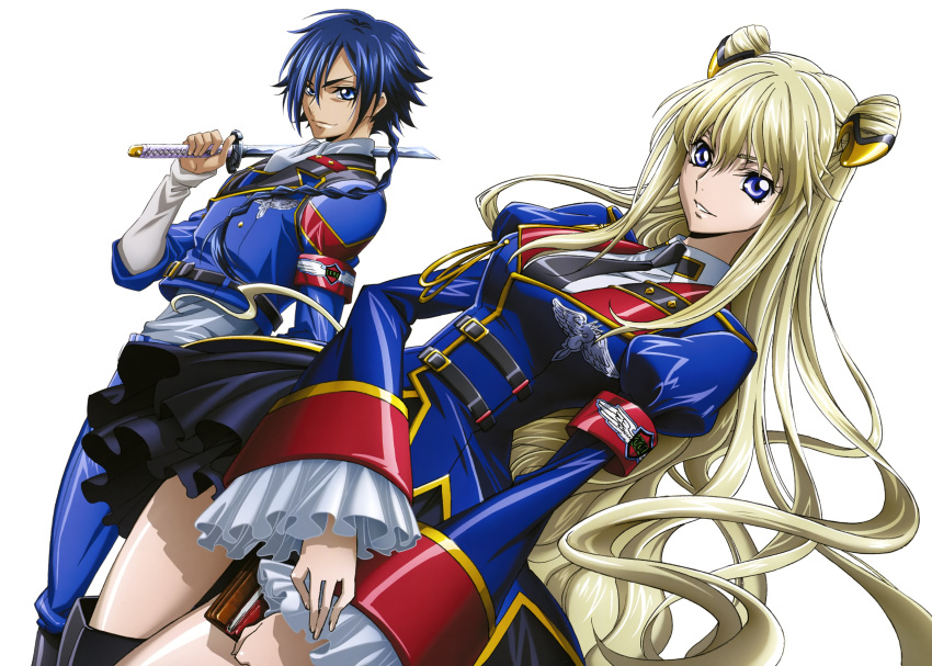 1boy 1girl absurdres black_boots black_necktie blonde_hair blue_eyes blue_hair book boots braid code_geass:_boukoku_no_akito highres holding holding_book holding_sword holding_weapon hyuuga_akito leila_(code_geass) long_hair looking_at_viewer necktie simple_background sword thigh-highs thigh_boots uniform weapon white_background