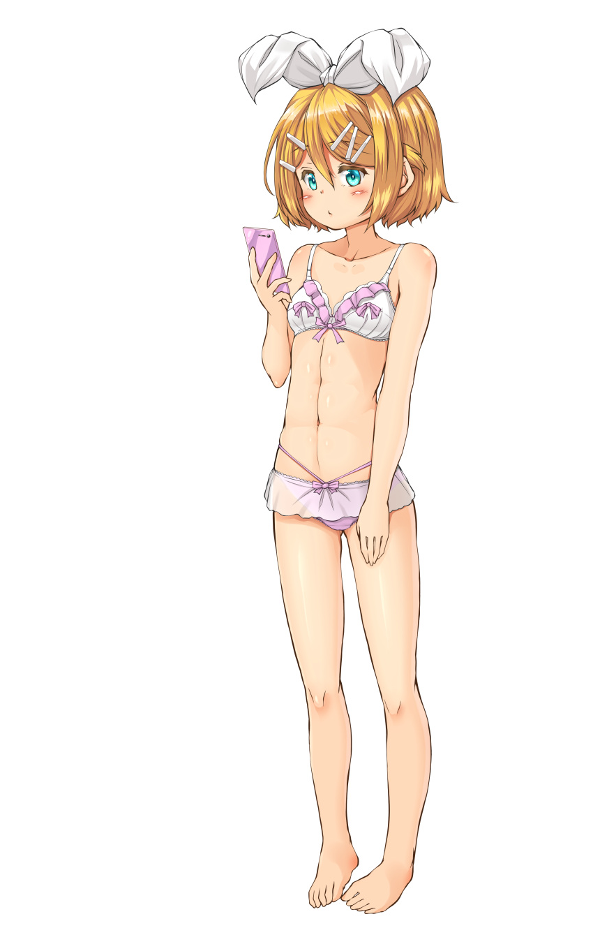 1girl absurdres bangs bare_arms bare_legs barefoot blonde_hair blue_eyes bow bow_panties bra breasts collarbone eyebrows eyebrows_visible_through_hair frills full_body hair_between_eyes hair_bow hair_ornament hairclip hand_on_own_thigh highres holding_cellphone kagamine_rin kitsunerider looking_at_phone microskirt navel no_shirt panties pigeon-toed pink_bow pink_panties pout see-through short_hair skirt small_breasts solo standing stomach swept_bangs transparent_background underwear vocaloid white_bow white_bra